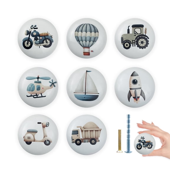 Jamjam 1.5" 8PCS Round Ceramic Car Plane with Balloon Cabinet Knob Handles Nursery Room