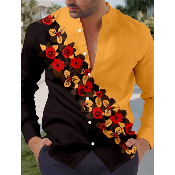 Camisa vintage con estampado floral para hombre, para uso diario, para salir, para fines de semana, para verano, primavera y otoño, camisa de poliéster rosa con cuello vuelto y manga larga
