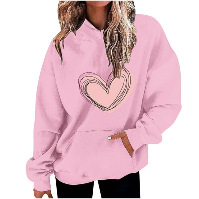 Plebaso Women's Heart Printed Hoodies Drawstring Long Sleeve Sweatshirts Loose Pullover Tops with Pockets