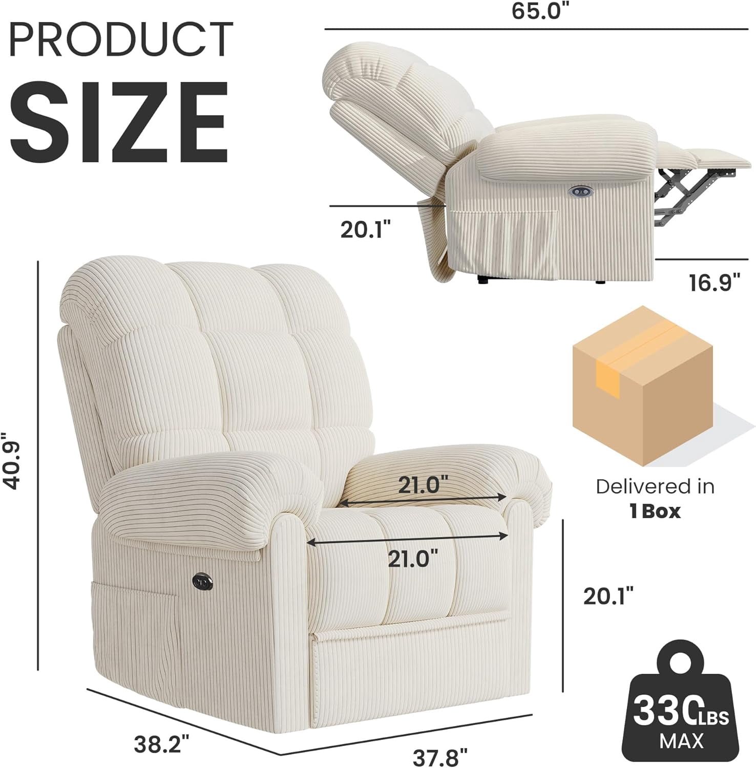 Neche Electric Recliner Chair, Comfy Lay Flat Sofa for Small Spaces, Living Room, One Box, Beige