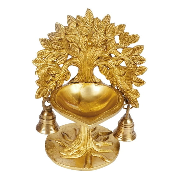 Brass World Brass Kalpavriksha Tree Diya with Bells (5.5x4.5x7 Inches)