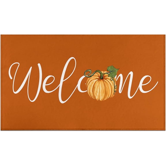 Orange Pumpkin Welcome Fall Door Mat Outdoor for Front Door, Fall Decorations for Home Non-Slip Washable Autumn Doormat Entrance Rug for Indoor Outdoor Decor (Welcome 3, 17"x30")