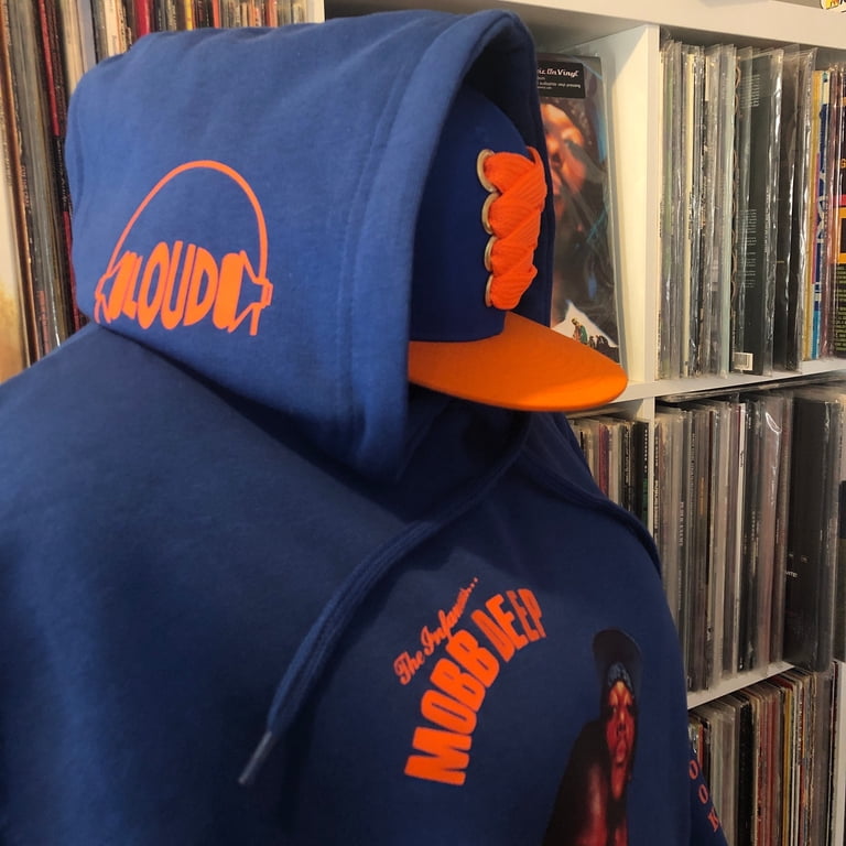 Mobb Deep hoodie. Blue “The Infamous” hoodie with orange logo and