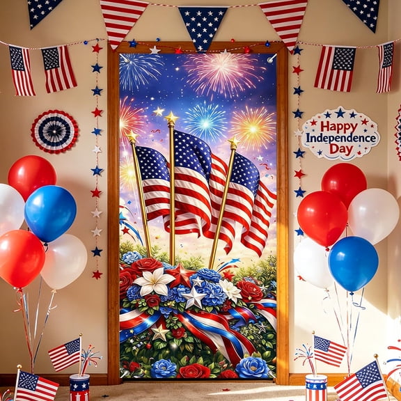 YiJuHui Independence Day Door Banner Decorations, Patriotic Flag Hanging Cloth for Front Door, 4th of July Outdoor Indoor Decorative Backdrop for Party Celebration, Fireworks Stars Stripes Theme