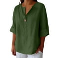 thumbnail image 2 of Green Womens Blouses Linen Shirts for Women Summer Cotton Linen V Neck 3/4 Sleeve Tops Loose Vacation Beach Solid Blouses Tunic Tops Ladies Tops and Blouses, 2 of 5