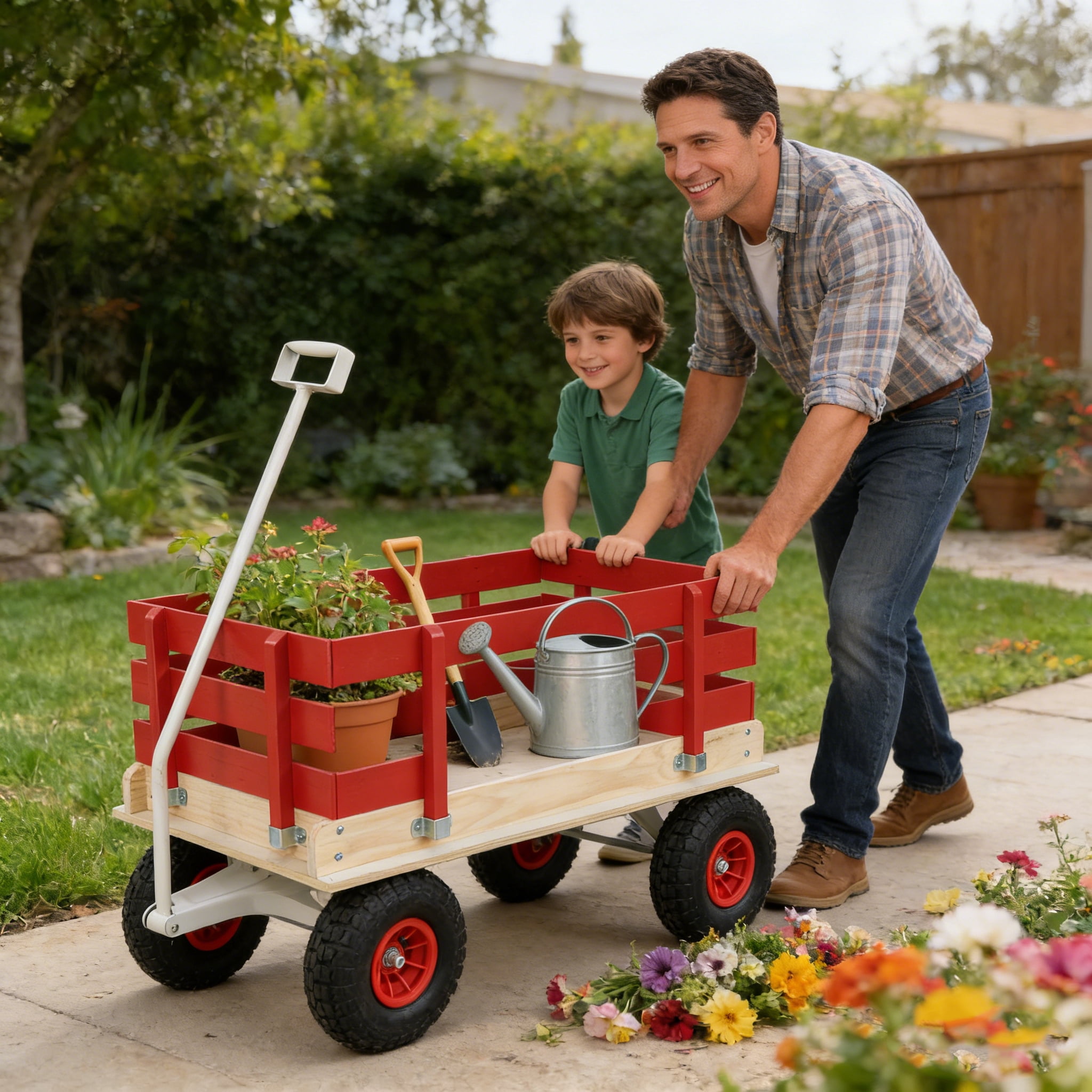 Wooden Garden Car Rubber Inflatable Wheels, Children'S Car, Outdoor Camping, Courtyard Transportation And Family Trailer