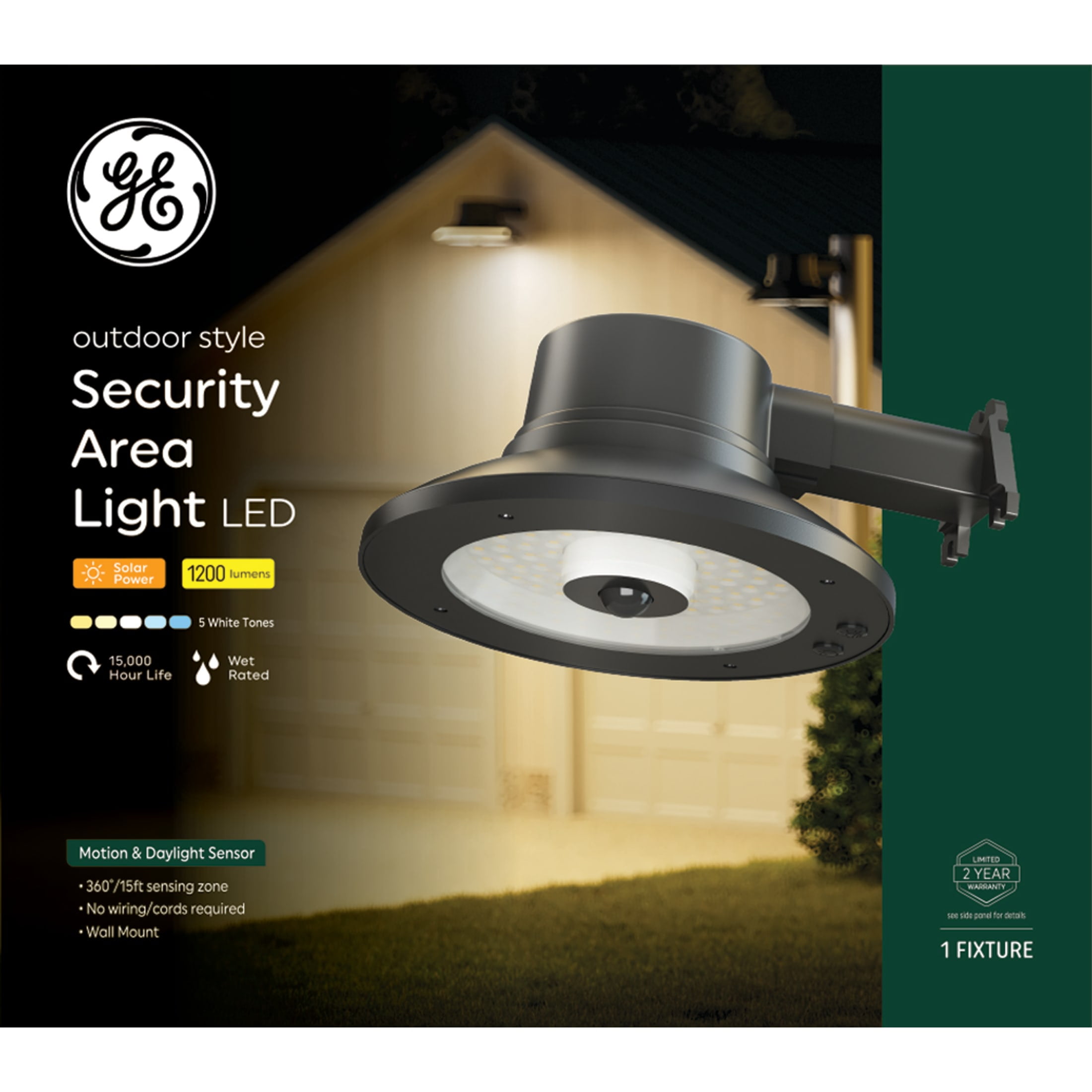 GE Outdoor Security LED Area Light with Motion & Dusk to Dawn Sensor, Solar Light, 1200 Lumens, White