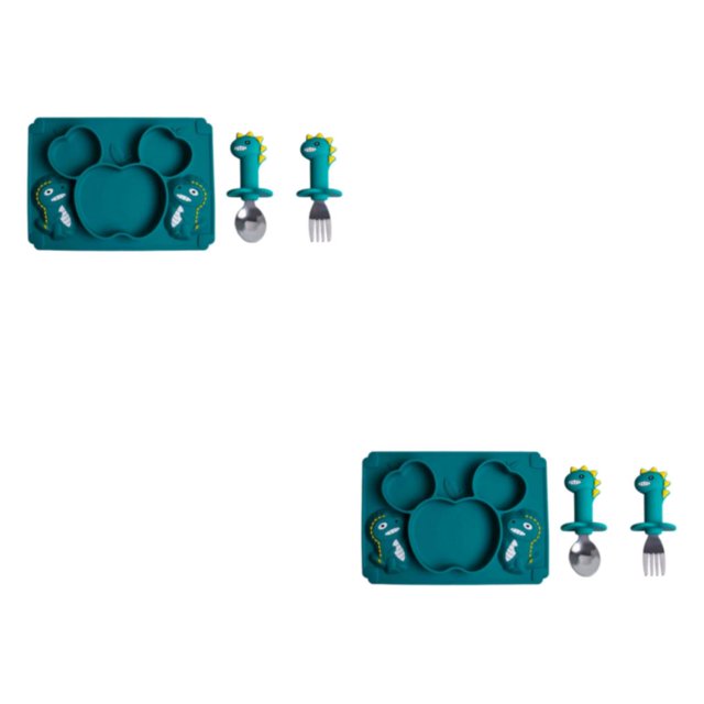 Youkk Easy To Clean Baby Silicone Tableware Set Made With Silicone And Stainless Steel For Safe dark green 2 2Set
