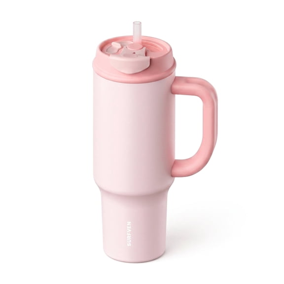 SURFVEN 40 oz Insulated Stainless Steel Tumbler with Handle, Leakproof 2-in-1 Straw Lid, Pink