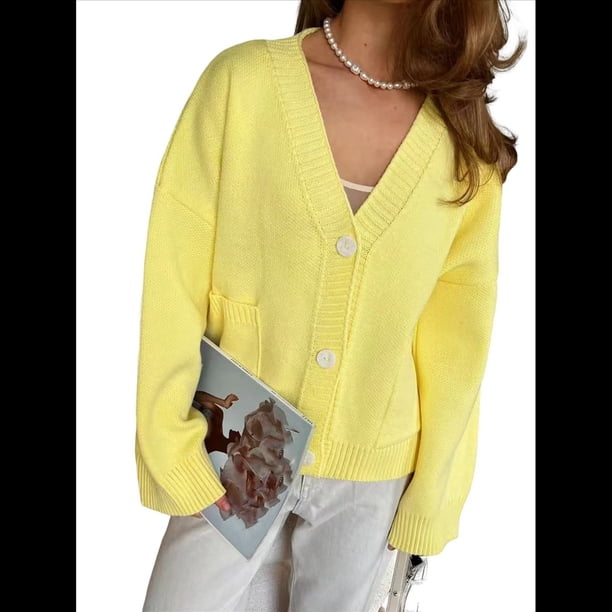 Cárdigan Grueso de Punto con Cuello en V y Bolsillos para Mujer Amarillo L