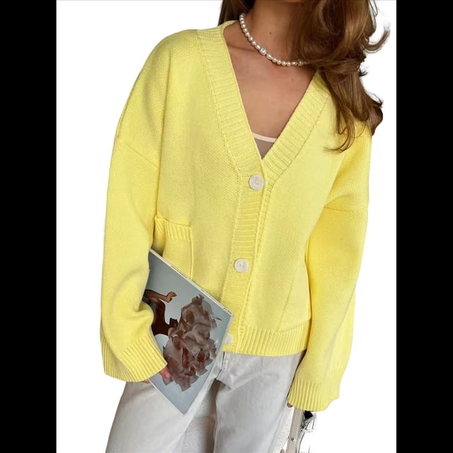 Cárdigan Grueso de Punto con Cuello en V y Bolsillos para Mujer Amarillo M