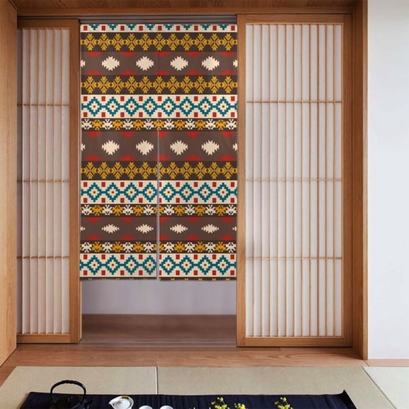 Doorway Drape Split Curtains, Retro Southwestern Tribal Style Brown Room Divider Privacy Door Curtains, 34" x 56"