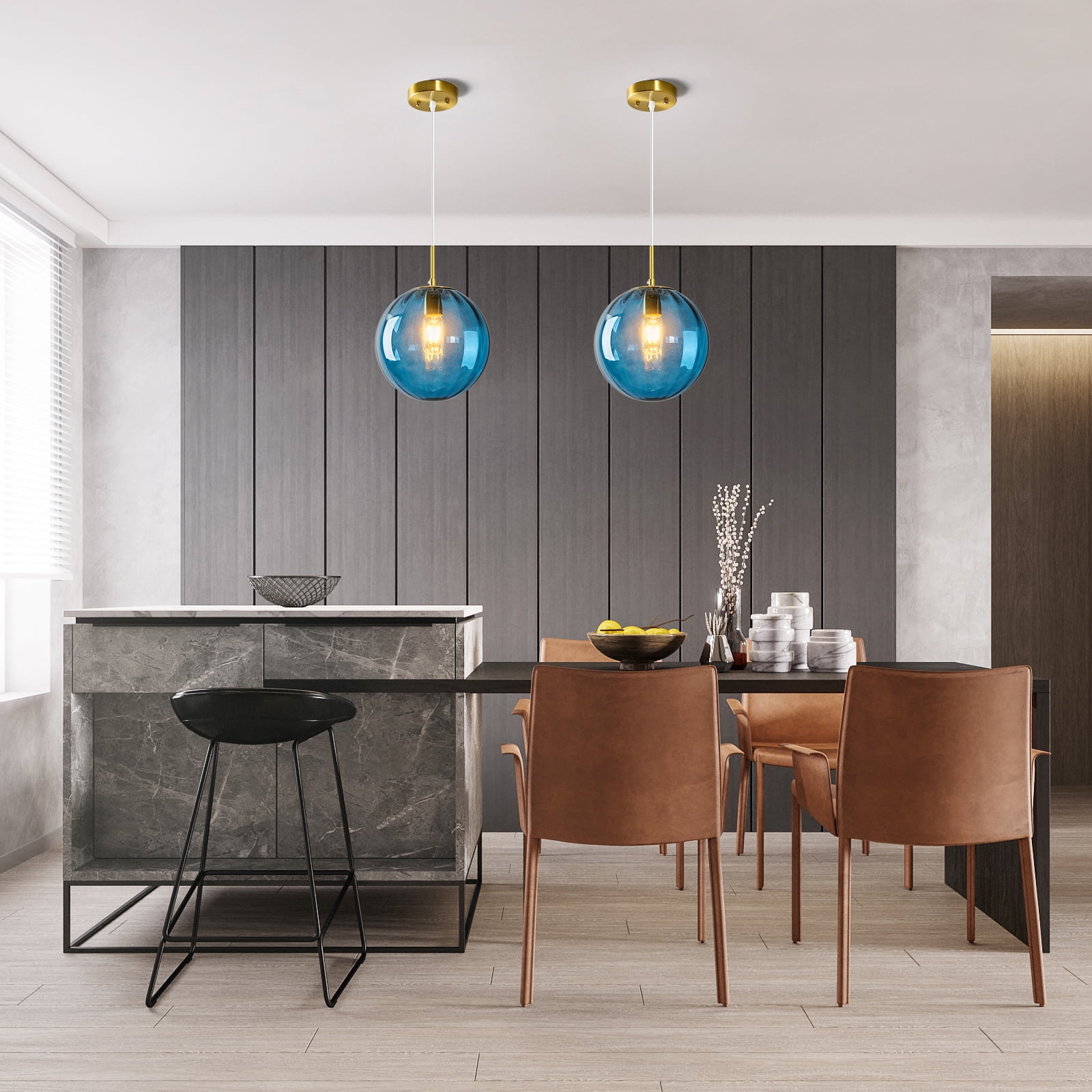 Gold Globe Pendant Lights Blue Glass Pendant Light Fixtures for Bedroom Dining Room Kitchen Island（9.84in，1-Pack）