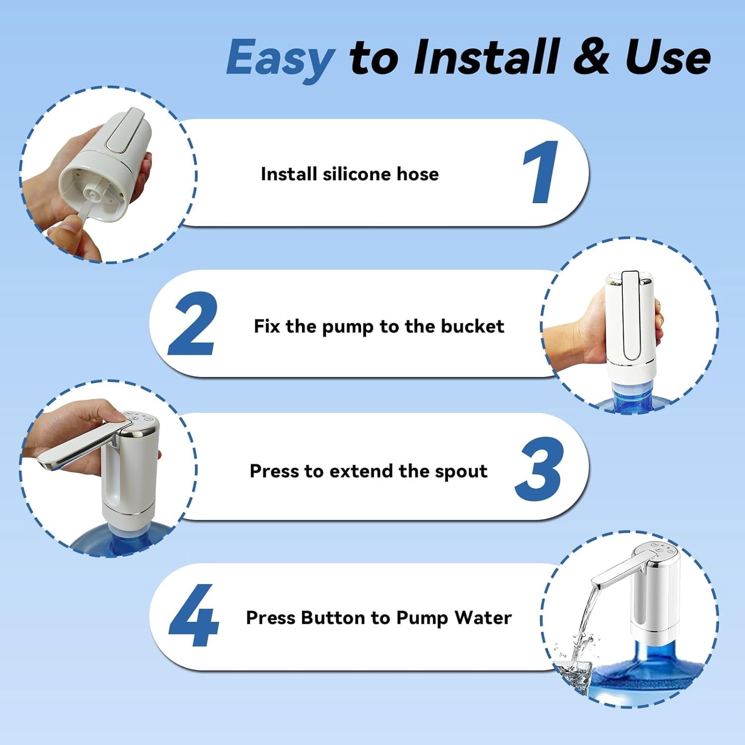Water Dispenser for 5 Gallon Bottle, Automatic Water Pump with Foldable Spout, USB Rechargeable, Portable Water Jug Dispenser for Camping, , Office