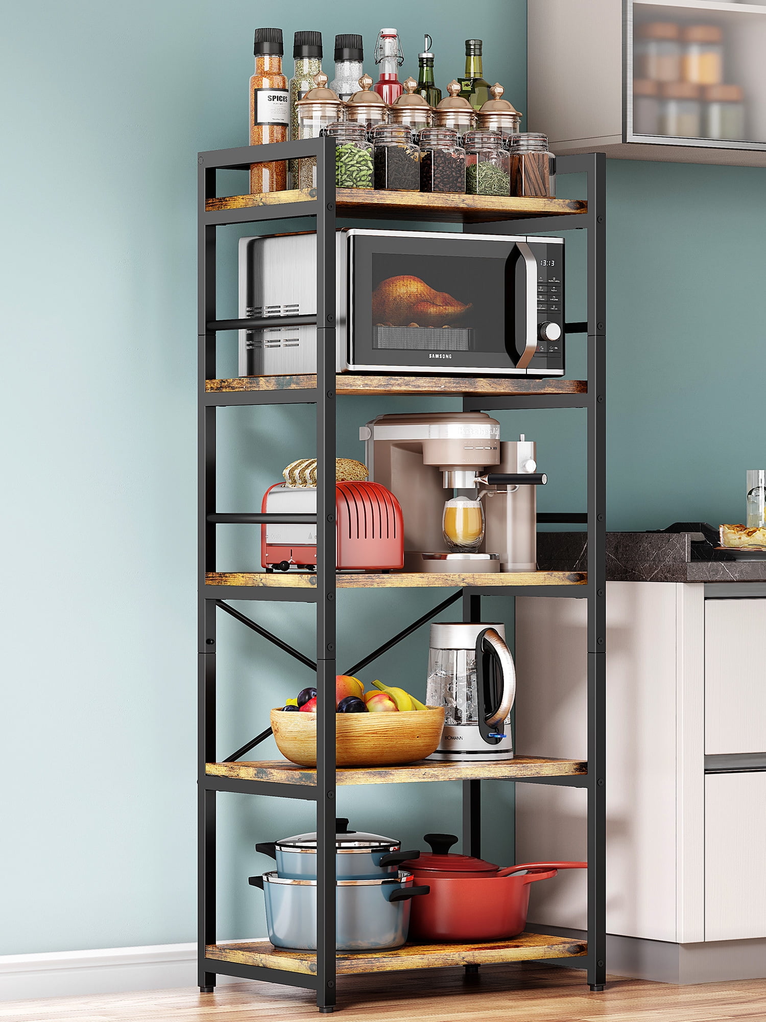 Baker's Rack with 10 Hooks, BUG HULL Microwave Stand with Storage, Industrial 5-Tier Storage Shelf, Free Standing Wooden Shelf, Brown