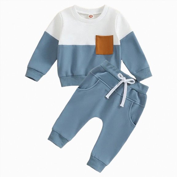 YDFCWXW Baby Boy Clothes Outfits Long Sleeve Color Block Sweatshirt Tops Casual Pants 2Pcs Set (Blue, 2-3 Years)