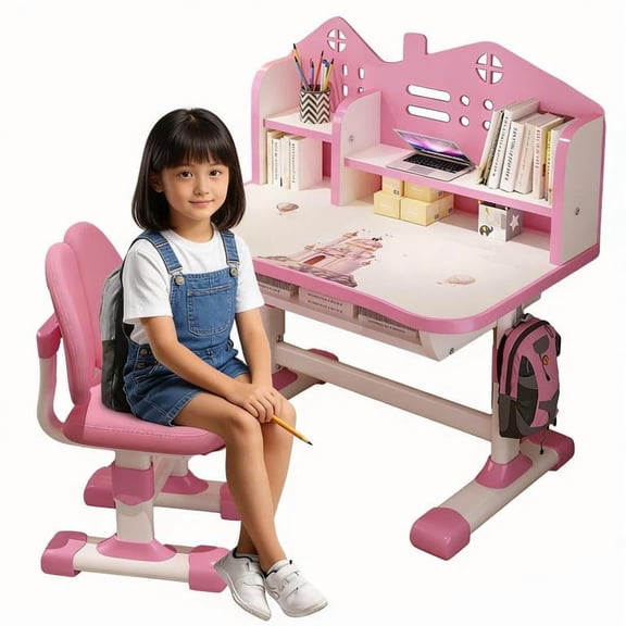 YNCE Kids Desk and Chair Set, Height Adjustable Astronaut Pattern Children School Desk with Shelf & Large Drawers, Kids Writing Study Table for Boys Girls 3