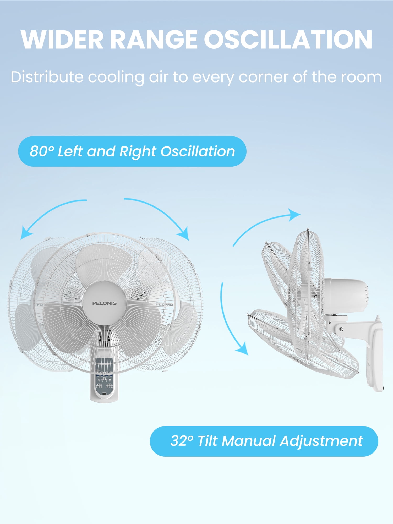 Pelonis 3-Speed Adjustable Tilt Household Wall Mounted fan
