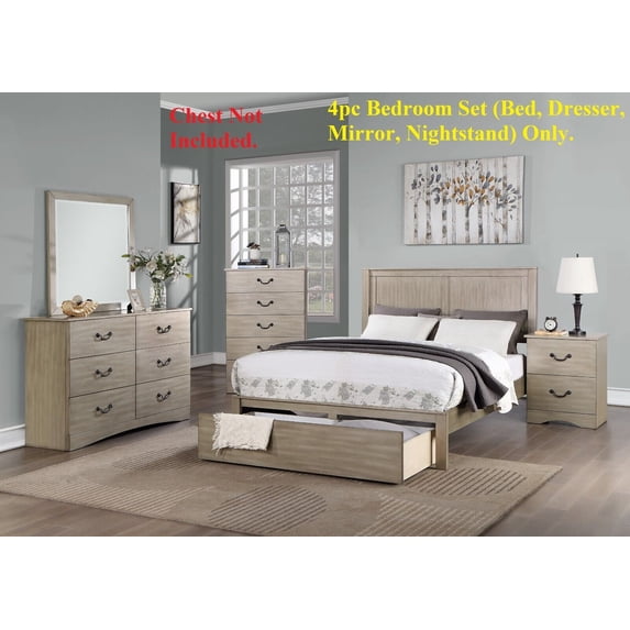 Modern Gorgeous 4pc California King Size Bed w Underbed Drawer Dresser Mirror Nightstand Bedroom Furniture Light Tan Hue Finish