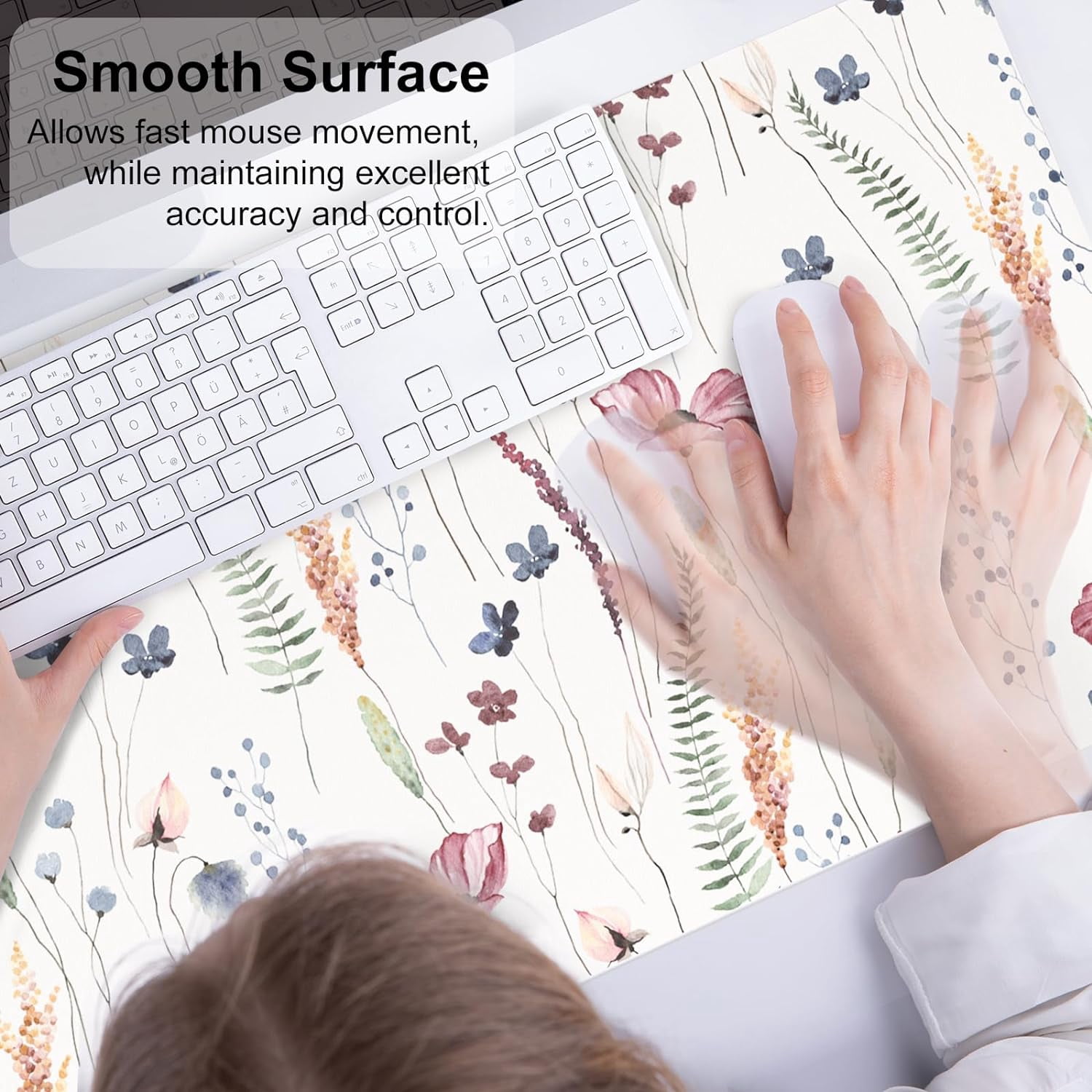 Large Mouse Pad for Desk, Cute Desk Mat for Desktop, Women Girls Floral Office Décor Desk Accessories, PU Leather Waterproof Big Gaming Mousepad, Wildflowers Desk Pad Computer Mat, 31.5" x 15.7"