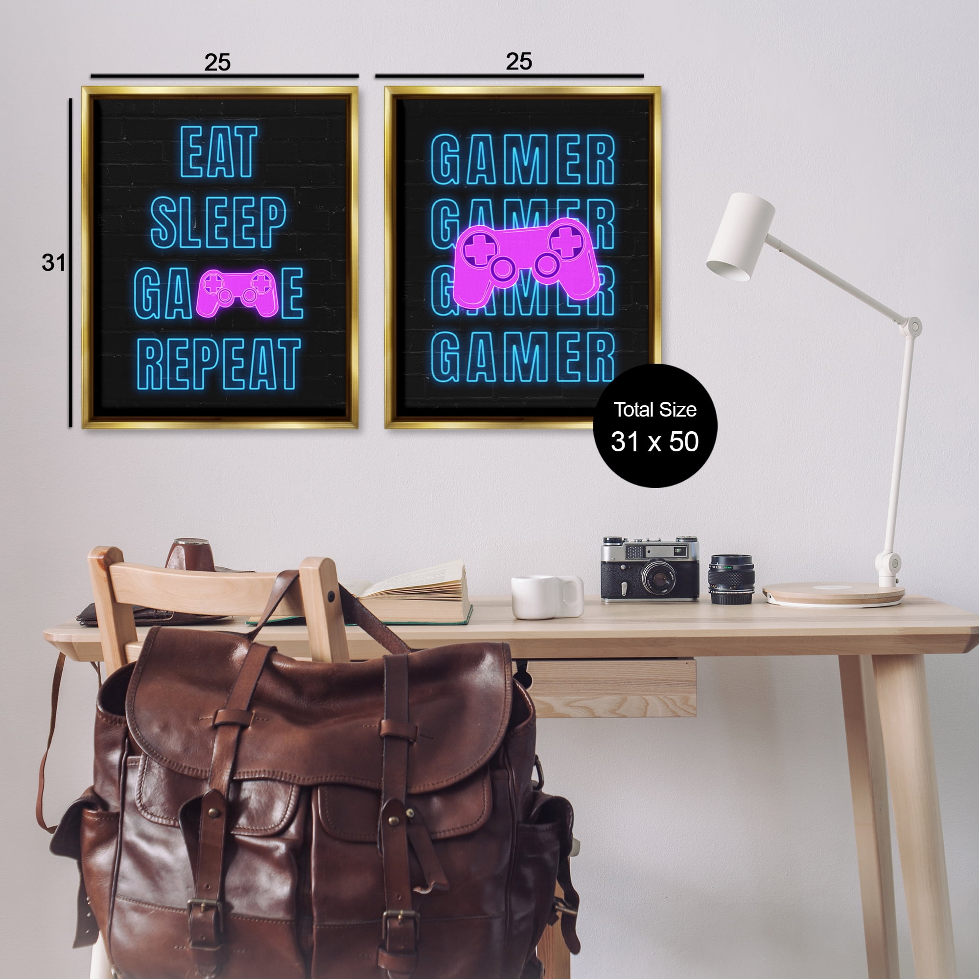 Stupell Industries Neon Gamer Eat Sleep Entertainment Painting Gold Floater Framed Canvas Art Print Wall Art, 31 x 25, Set of 2