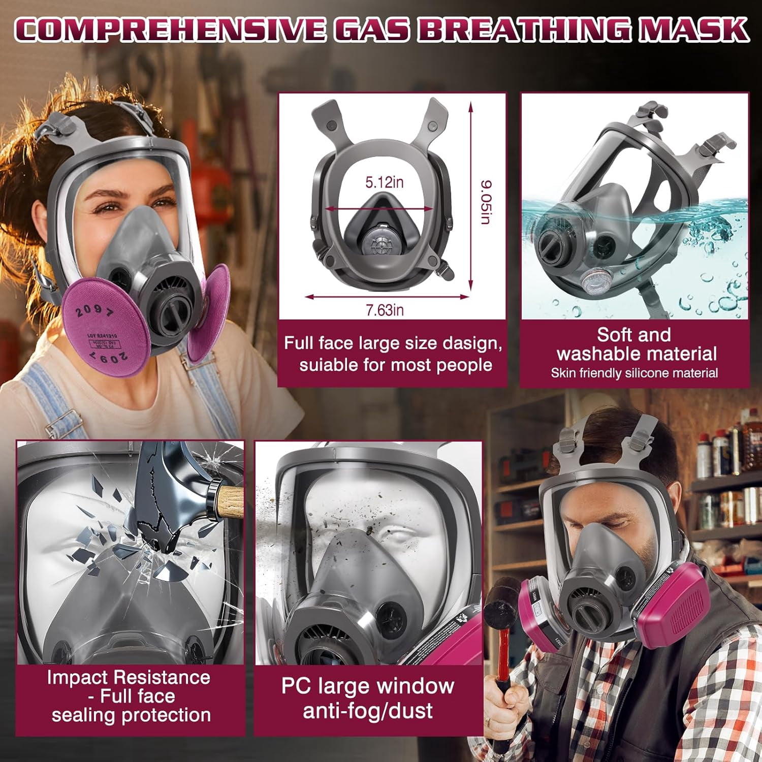 Full Face Respirator Gas Mask: 6800 Reusable Respirator Mask with  60921 & 2097 Filters - Dust Mask Anti Fog Against Organic Vapor Fumes Gases for Spray Paint Chemicals Epoxy Resin Welding Sanding