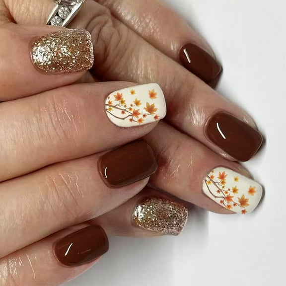 Fall Winter False Nails Glossy Finish Short Square Shape 24Pcs Shimmering Brown Leaf Artwork Press On Nails
