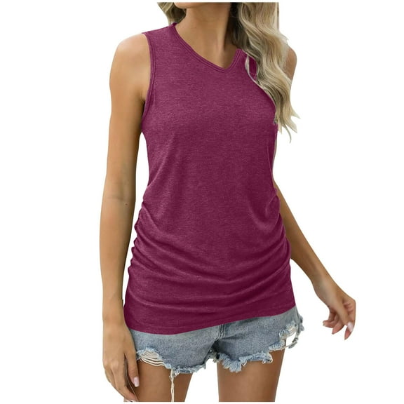 Diufon Womens Tank Tops Summer Casual V Neck Sleeveless T-Shirts Solid Color Pleated Tunics