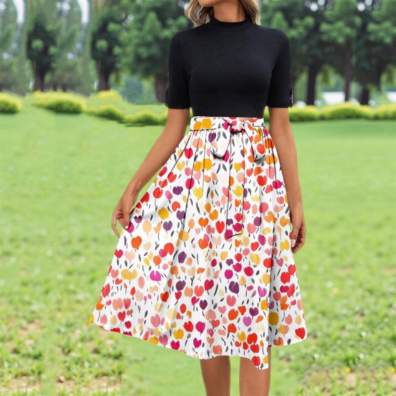 FDGIU Vintage A-Line Skirt - Women's High Waist Pleated Midi Skirt with Pockets (Polka Dot, Rockabilly Style)