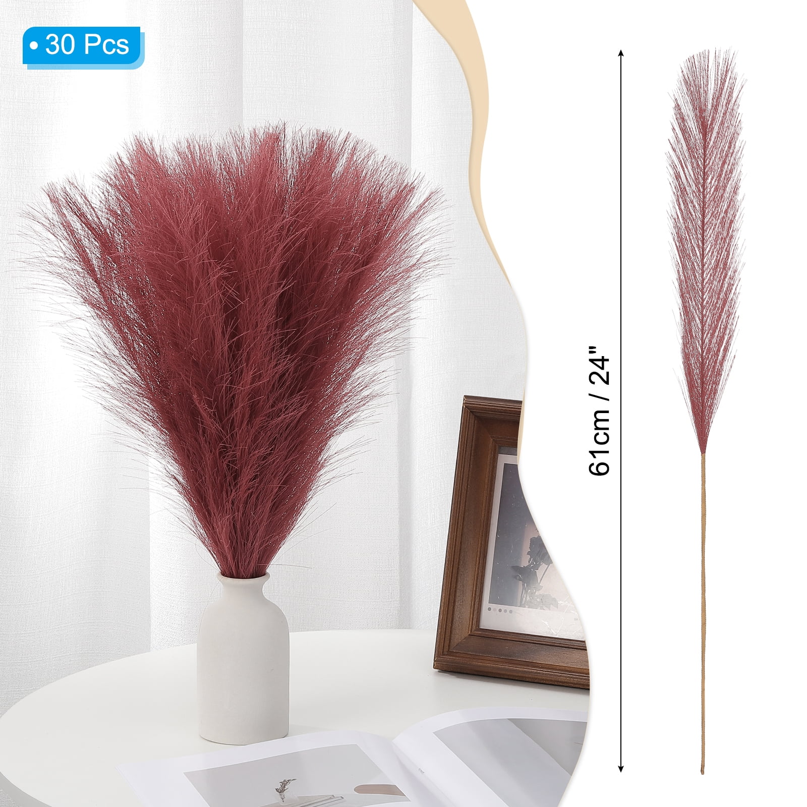Uxcell 24" Pampas Grass Decor 30Pcs Artificial Pampas Grass Bulk Fluffy Faux Pampas Grass Small Dried Dark Red
