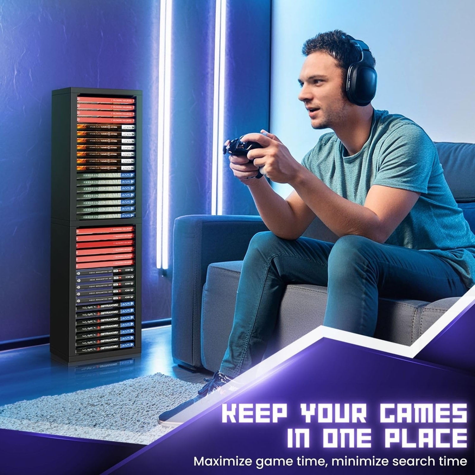 Video Game Storage Tower for PS5/ PS4/ PS3/ Xbox Series S & X/Xbox one Game, Universal Game Holder Rack, Vertical Blu Ray Case Organizer Stand, Stores 36 Games Disk or Blu-Ray Disks, Black
