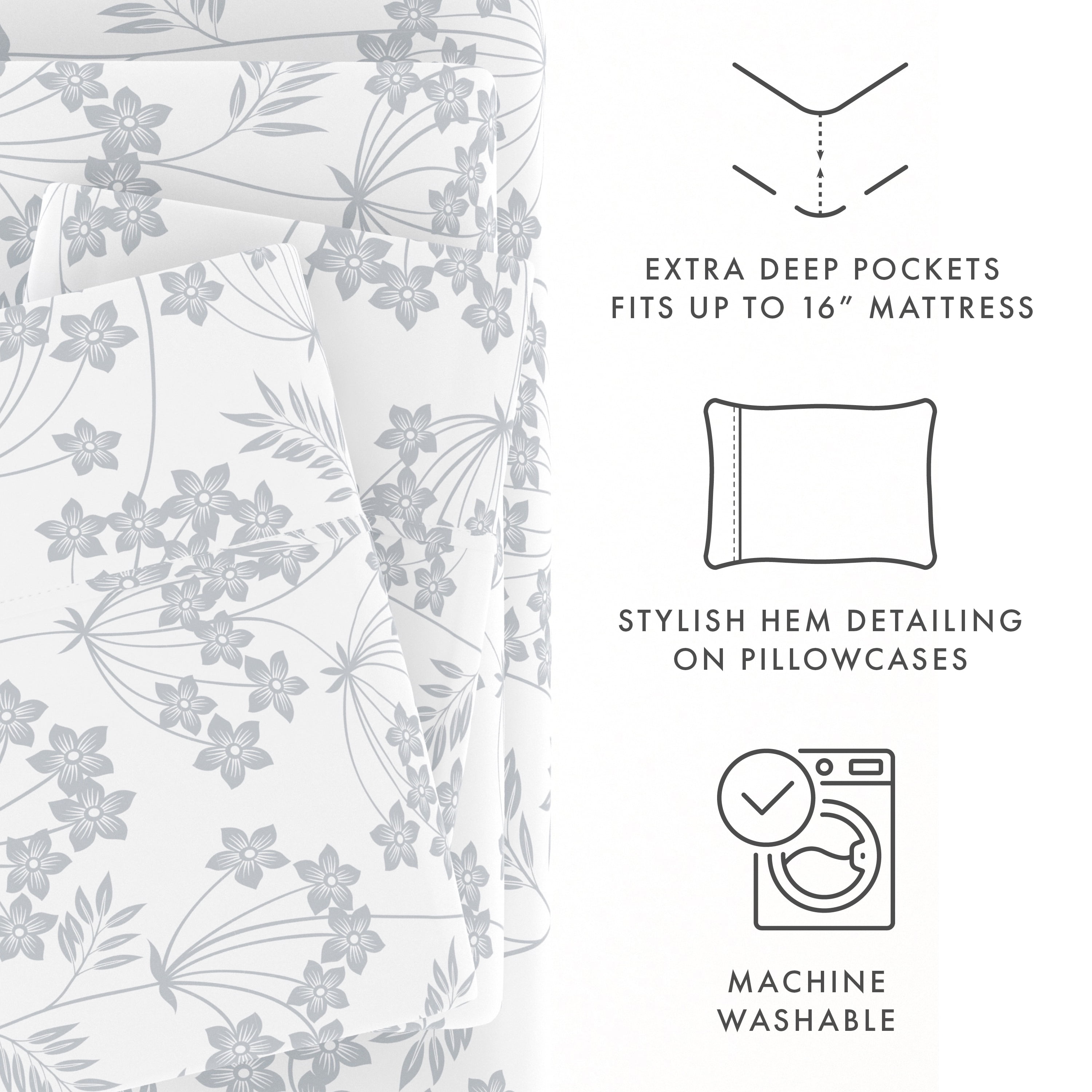 Noble Linens 4 Piece Pattern Microfiber Bed Sheets Set, Light Blue Chantilly Lace Style, King