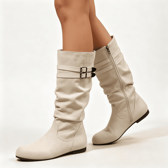 CAZOFW Mid Calf Boots for Women Slouchy Side Zip Boots with Buckle and Low Heel