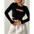 thumbnail image 4 of Womens Cutout Tops Basic Long Sleeve Round Neck Slim Fit T-Shirts Black S, 4 of 9