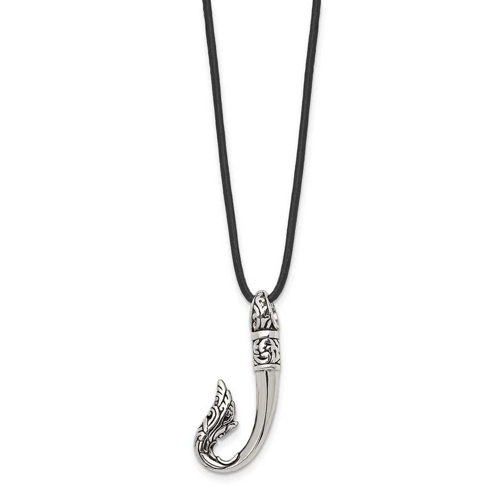 Chisel  Stainless Steel Antiqued and Polished Hook Pendant on a 20 inch Black Leather Cord Necklace
