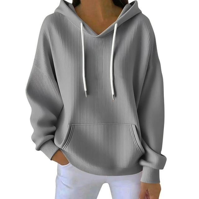ManxiVoo Textured Ribbed Detail Hooded Sweatshirt for Women Relaxed Fit Long Sleeve Pullover Cozy Everyday Essential L Size Grey
