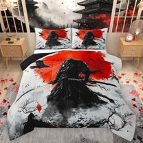 Homewish Japanese Ukiyo-E Bedding Comforter Set,Raven Samurai Twin Comforter Sets,Black Orange Gray Bedding Set For Adults,Breathable Home Decor Reversible,2pcs