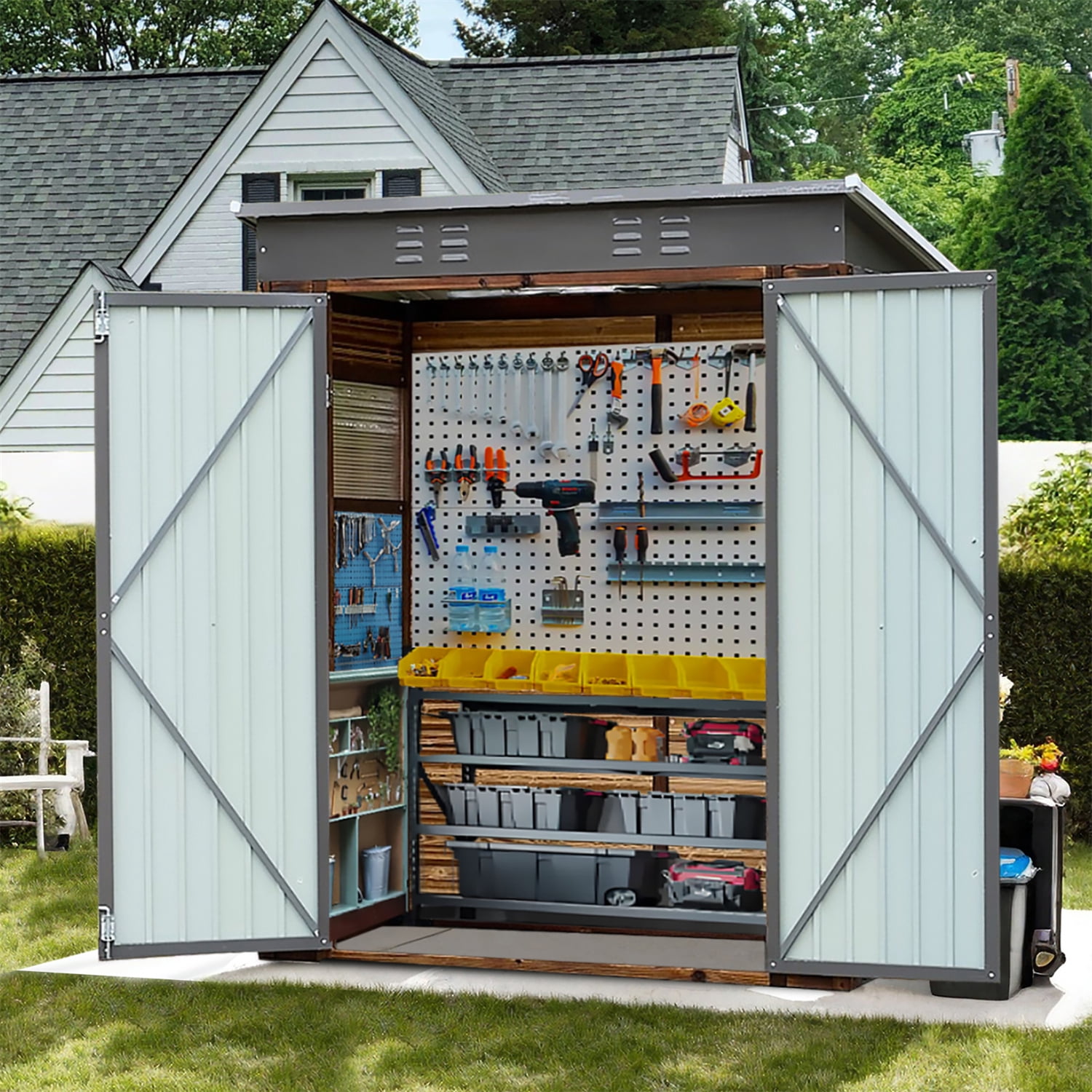 HighSound 3x5 FT Outdoor Storage Shed with Lockable Sliding Doors, Wood Heavy-Duty Metal Tool Shed, Waterproof and Anti-Corrosion, Air Vents for Garden, Backyard, Patio, and Lawn