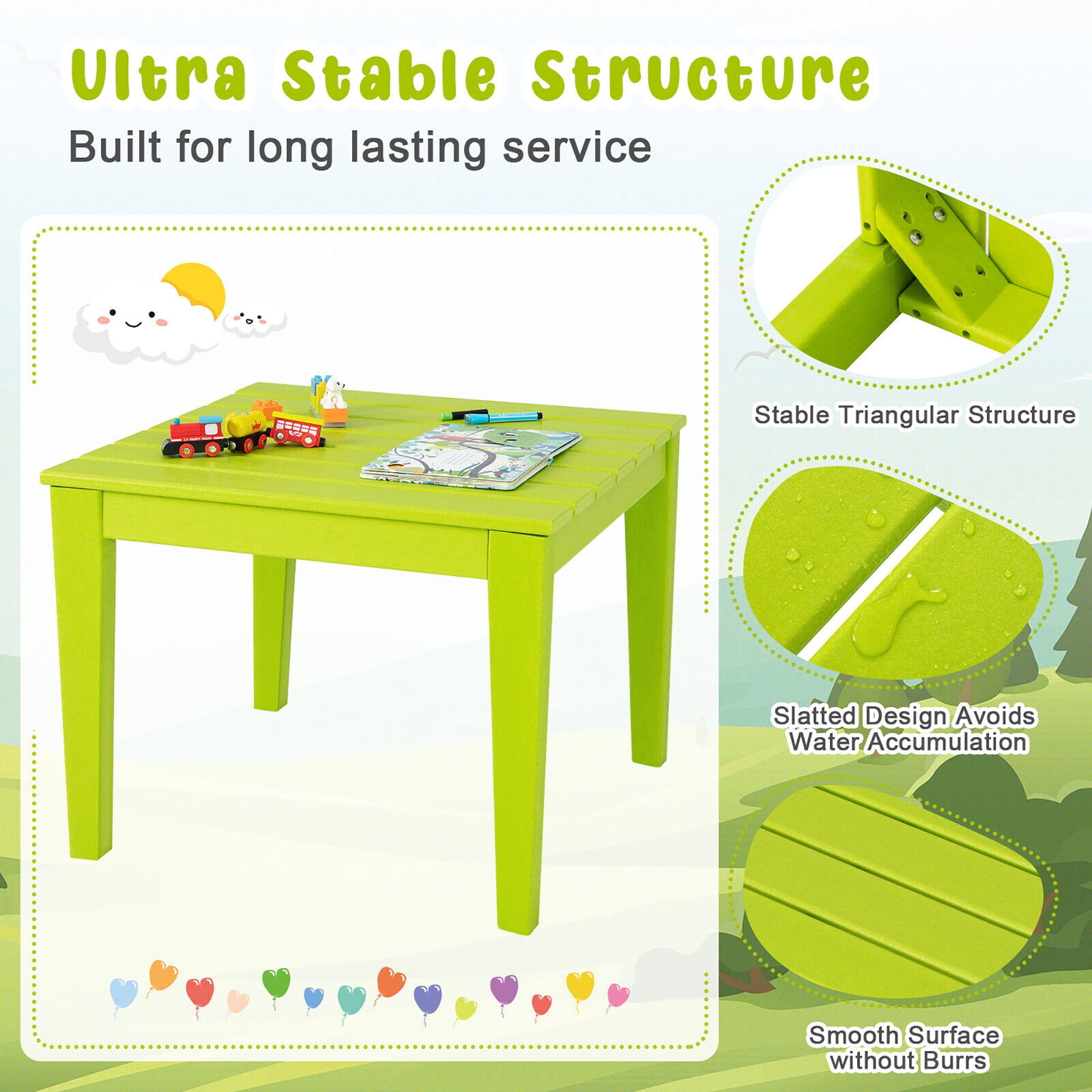 Gymax Kids Square Table Indoor Outdoor Heavy-Duty All-Weather Activity Play Table Green