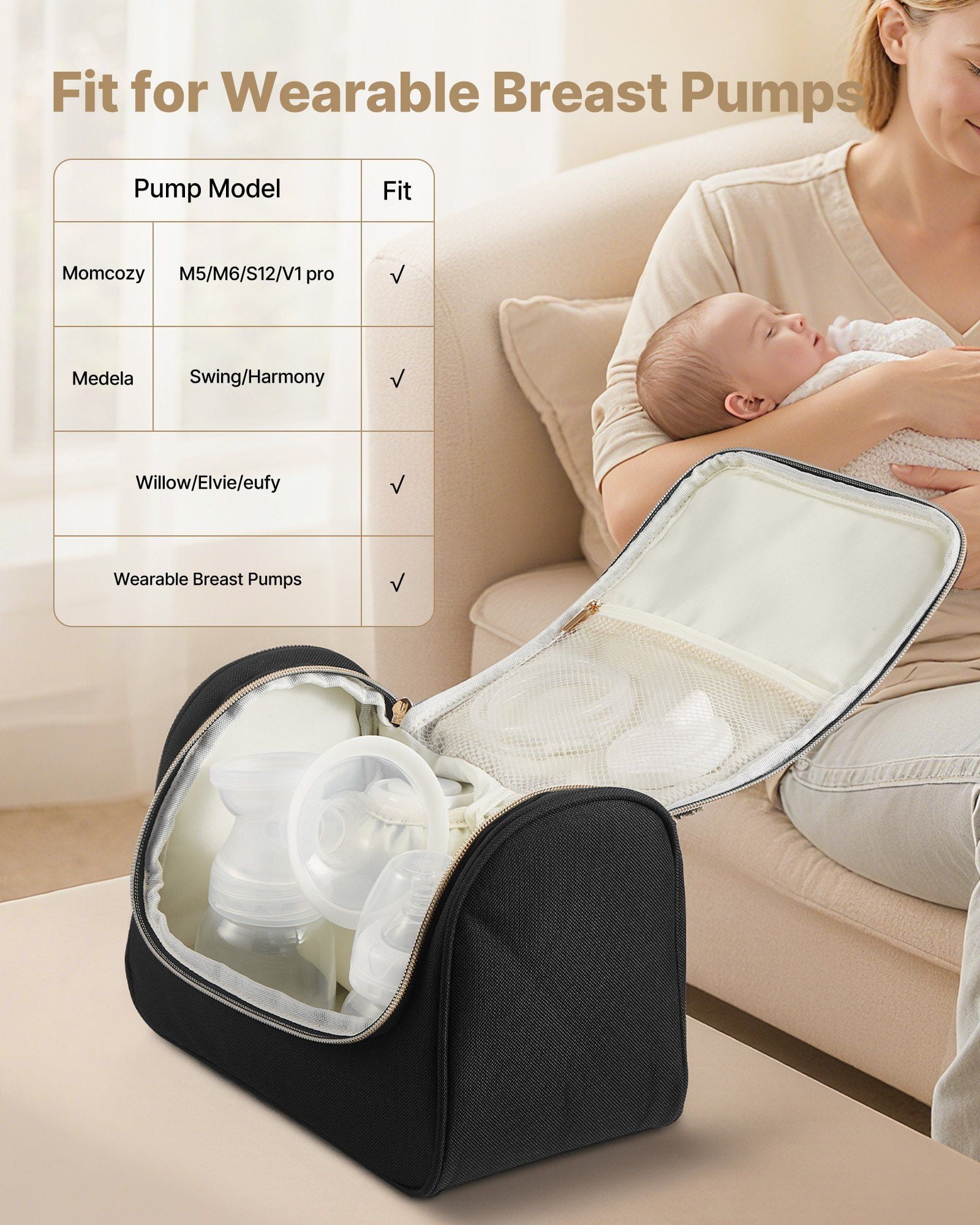 Wearable Breast Pump Bag, Breast Feeding Bag with Waterproof Mat, Fits for M5/M6, Pumping Accessories & Breastmilk Storage, Portable Pump Carrying Case for Work, Travel & Family Use, Black
