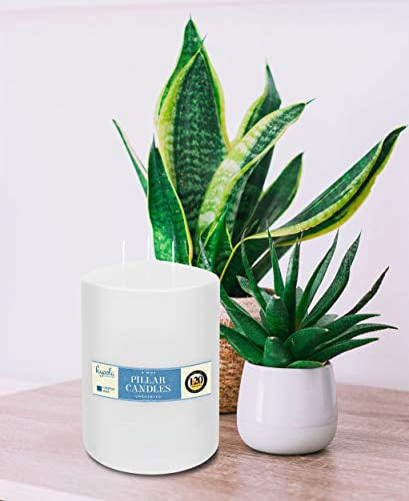 Hyoola 4.75" x 8" White Unscented European Made 3-Wick Pillar Candles, Dripless Paraffin Wax with Smokeless Cotton Wicks