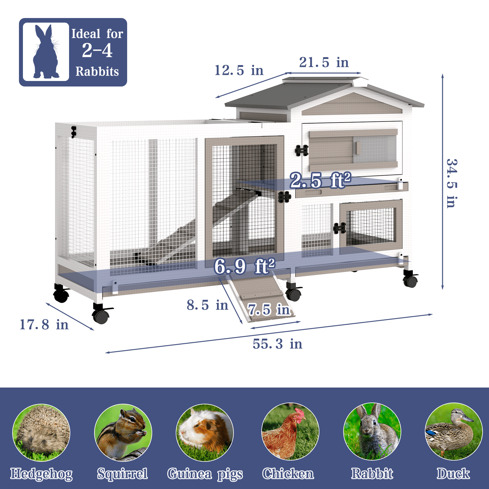 PETSCOSSET 57" L Rabbit Hutch Indoor Outdoor 2 Story Large Bunny Hutch with Run Guinea Pig Cage Wooden Rabbit Cage with Removable 3 Pull Out Trays Pet House for Small-Medium Animals