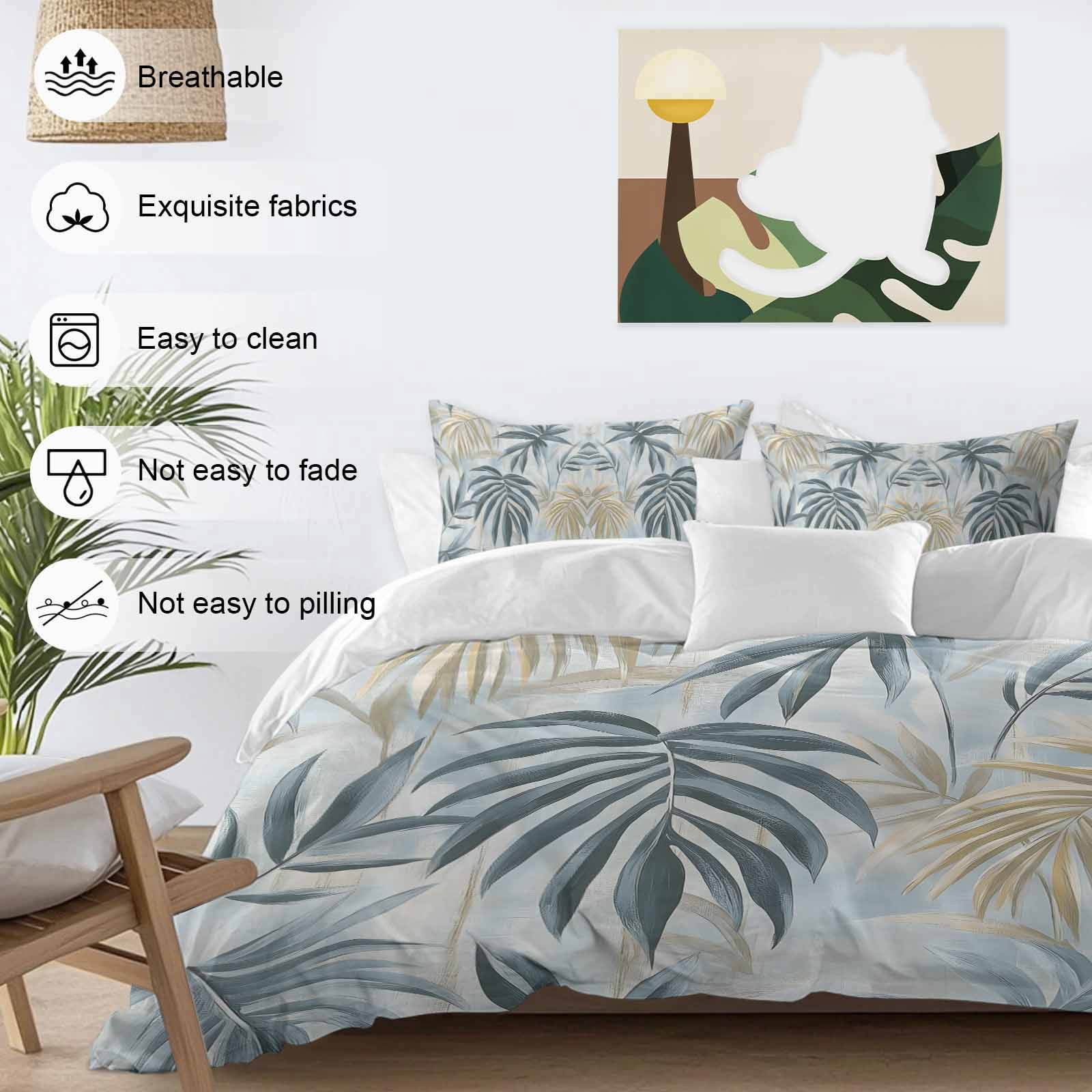 Bamboos Leaf Queen Duvet Cover Set, Green Leaves Watercolor Modernism 4 Piece Microfiber Bedding Set with Zipper Closure, Bed Sheet and 2 Pillow Shams, Soft Bedding Cover