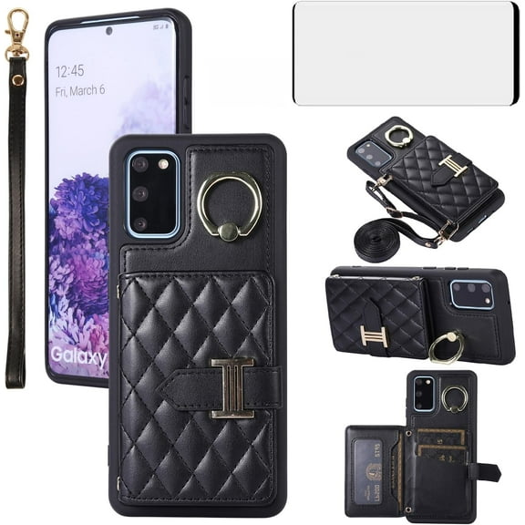 Phone Case for Samsung Galaxy S20 5G 6.2 inch Wallet Cover with Screen Protector and Ring Stand Credit Card Holder Slot Crossbody Strap Lanyard Leather Cell S 20 20S UW S2O G5 Women Girls Men Black