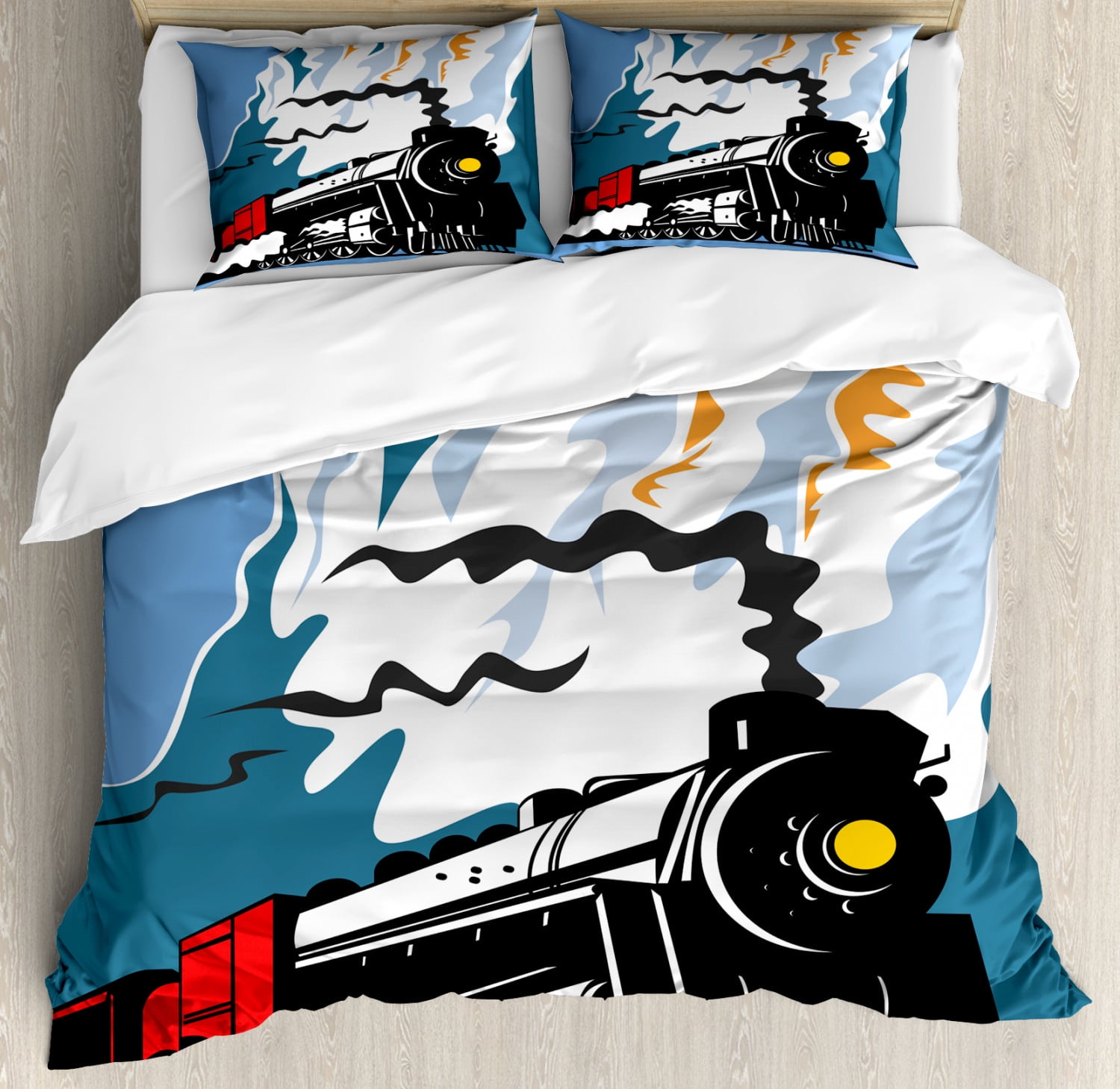 Train Duvet Cover Set, Retro Inspired Illustration of Vaporous Vehicle