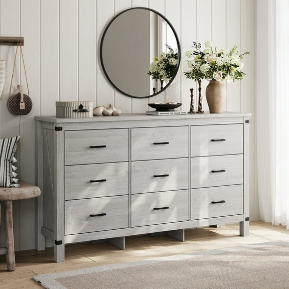 Linsy Home Farmhouse 9 Drawers Dresser for Bedroom,60" Wide Wood Chest of Drawers with Dual-handle Drawer, Grey
