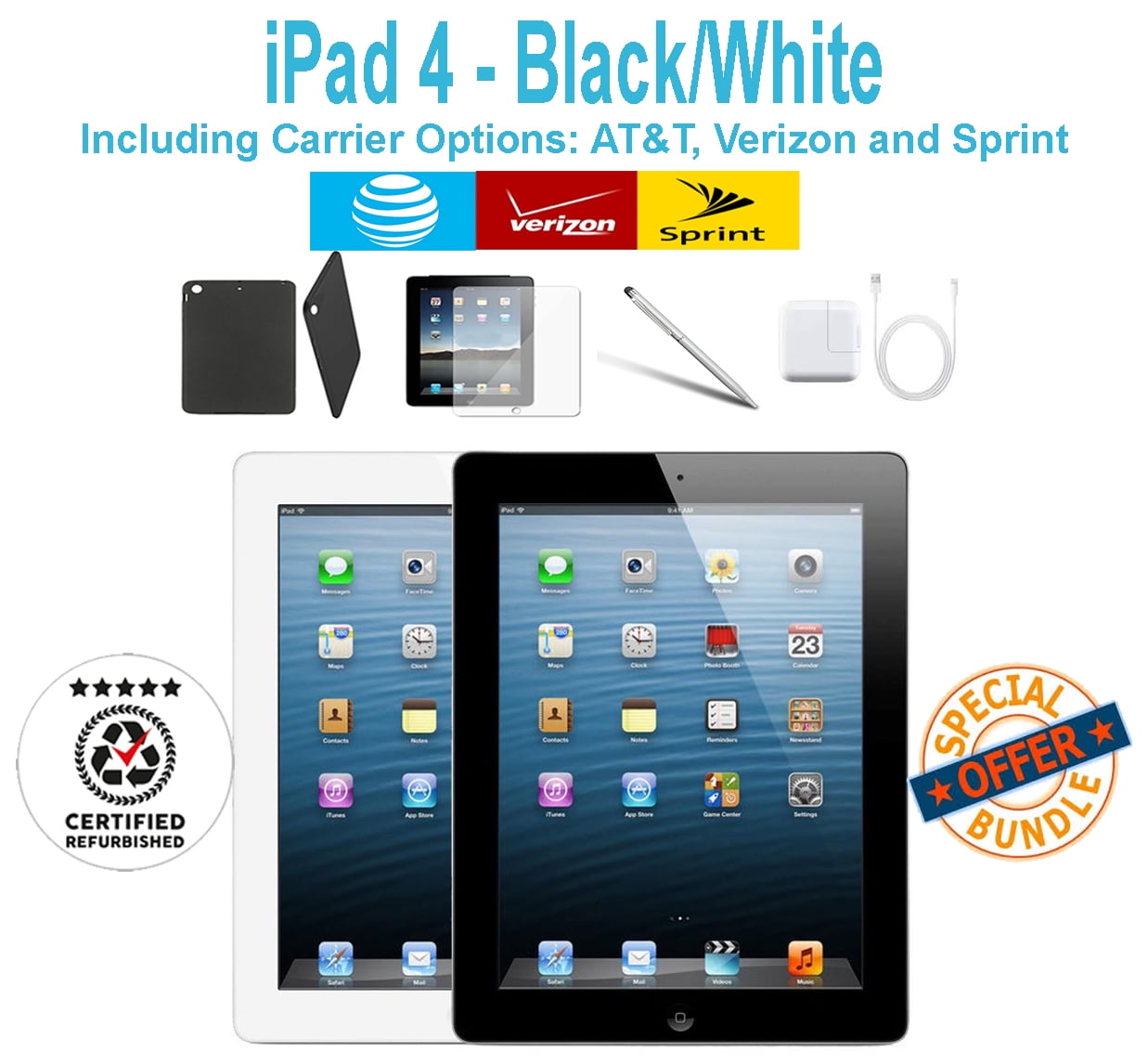 (Certified Refurbished) Apple iPad 4th Gen 64GB White - AT&T Plus WiFi -  Case, Rapid Charger, Pre-Installed Glass & Stylus Pen - FREE 2 Day Shipping