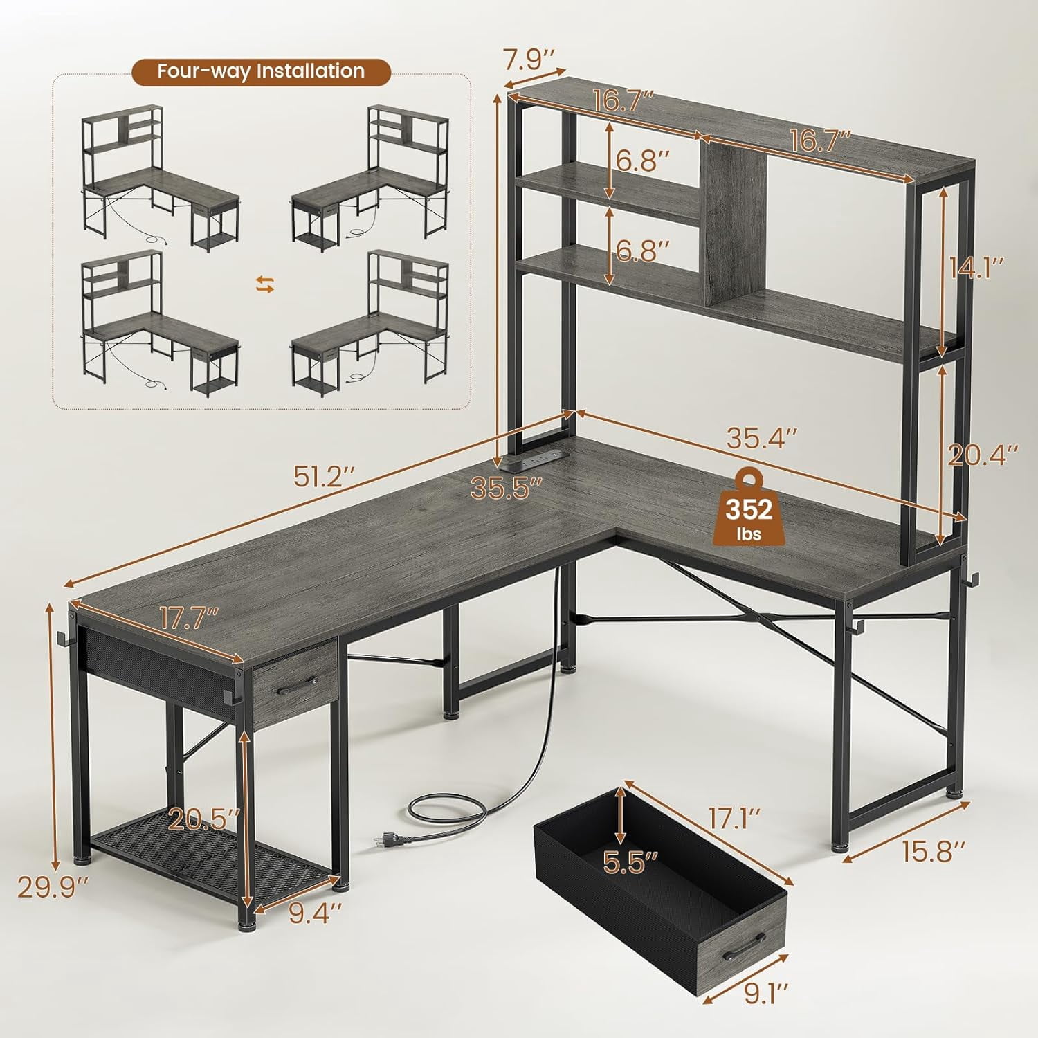 51" L Shaped Desk wtih Power Outlets and Storage, Reversible Gaming Desk with Drawer and Open Shelves, Small Computer Desk Corner Desk with LED Lights for Home Office, Bedroom, Small Space, Grey