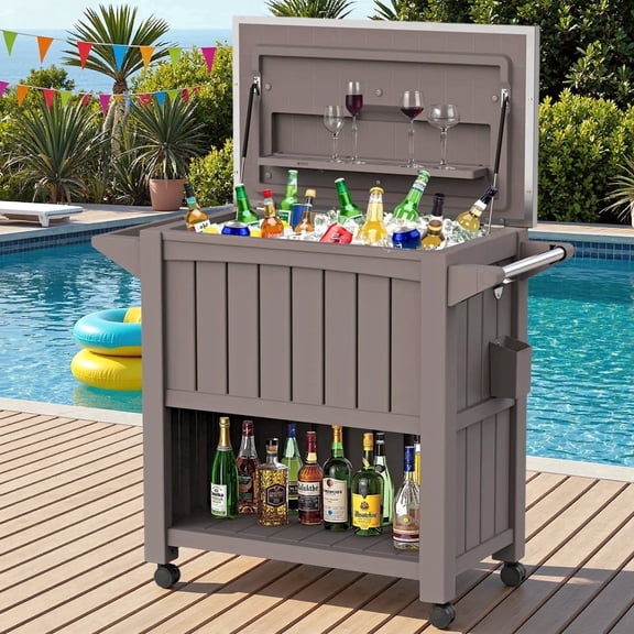 Dovov 120 Qt Rolling Cooler Cart, Portable Patio Cooler Outdoor Ice Chest Beverage Bar Cart w/ Wheels, Bottle Opener, Cap Collector, Stainless Steel Lid & Bottom Storage Tray, Brown
