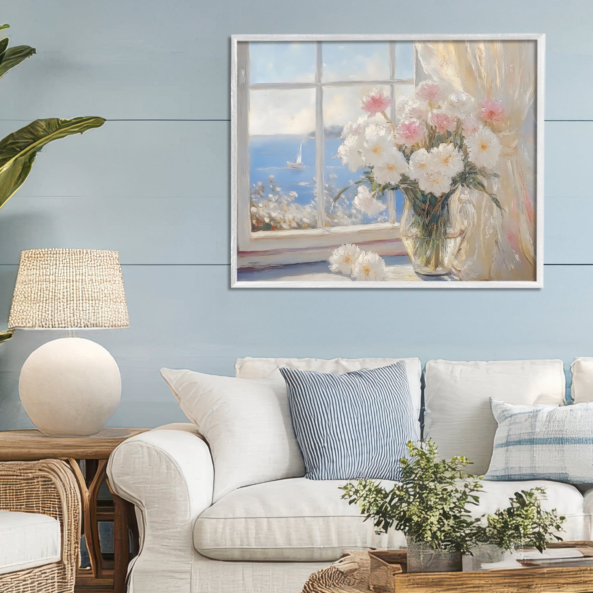 Stupell Industries Coastal View Floral Window Bouquet White Framed Giclee Art, design by LSR Design Studio